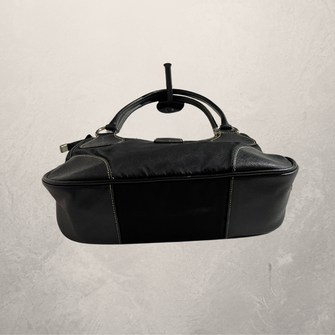 Prada black leather and nylon belted shoulder bag- Velvet Archive