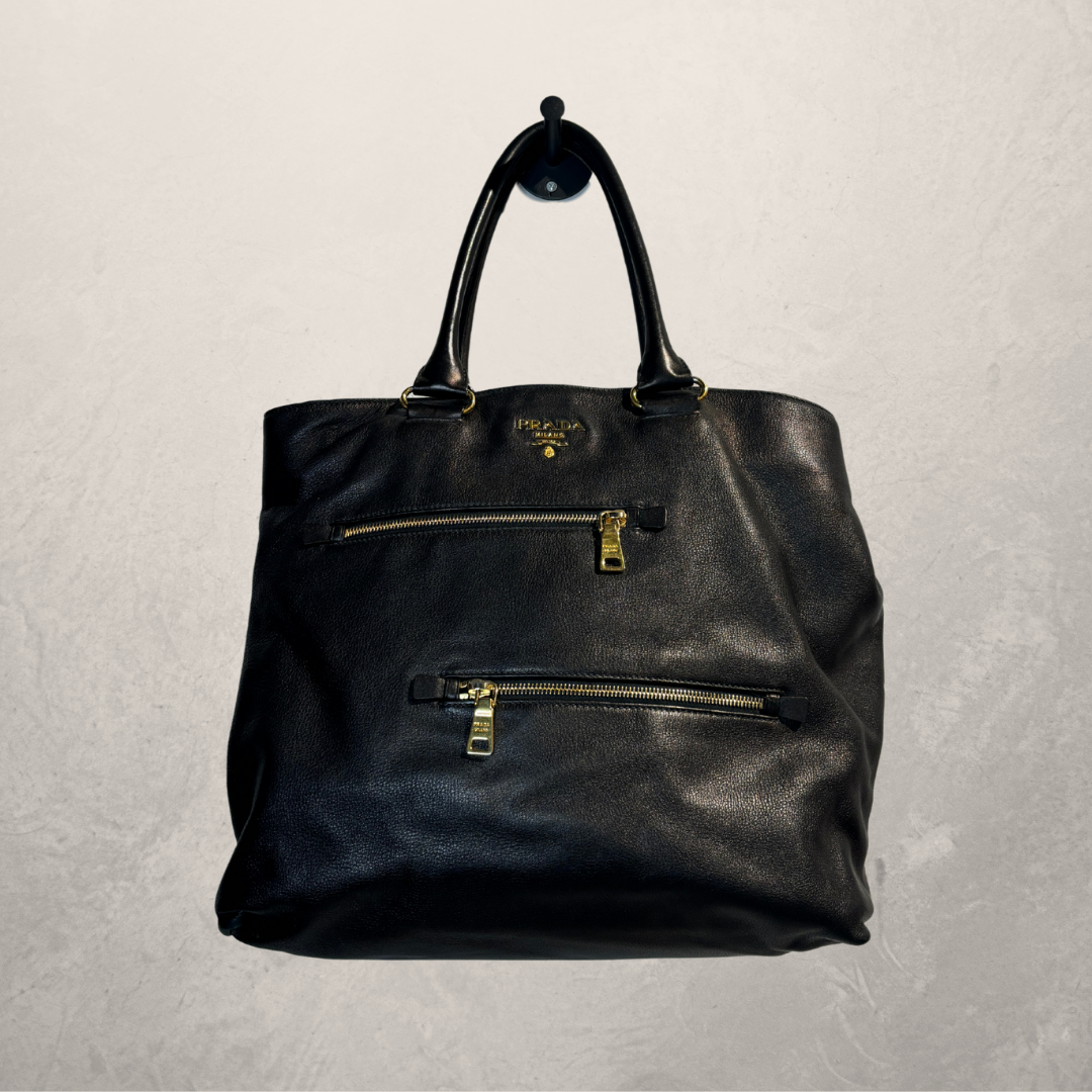 Prada black leather w/ gold hardware tote bag