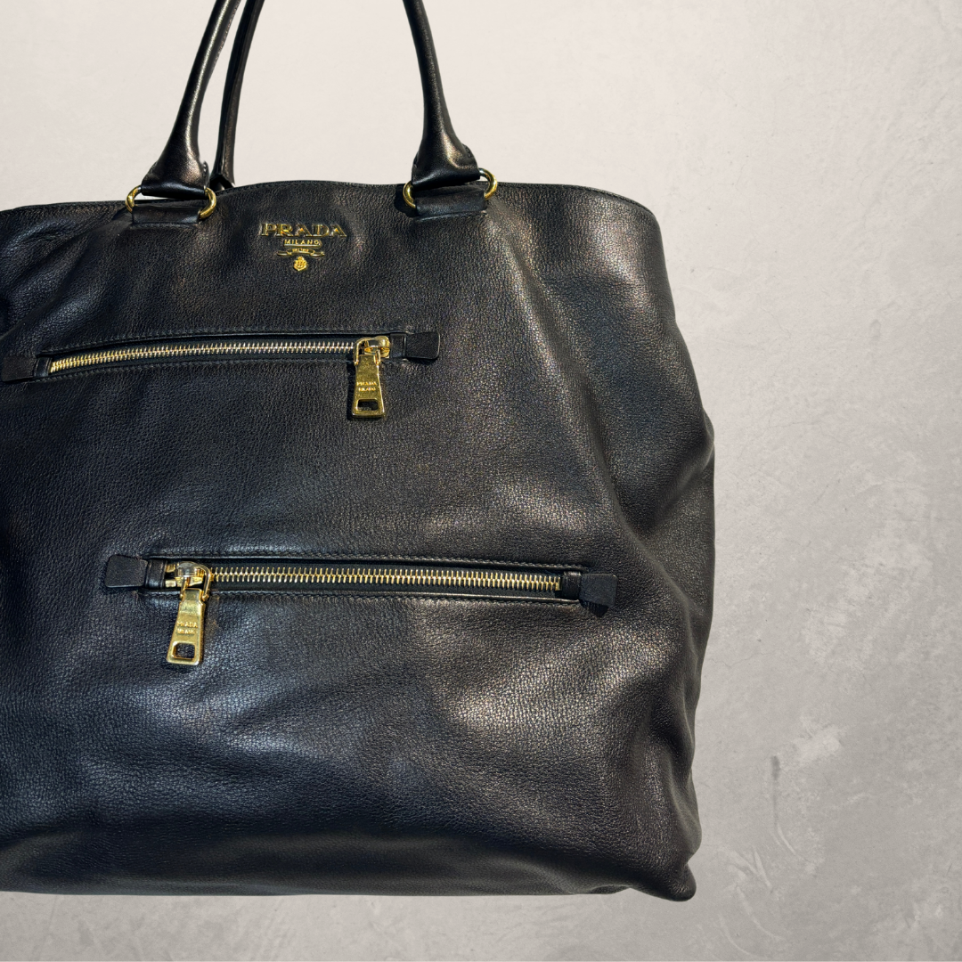 Prada black leather w/ gold hardware tote bag