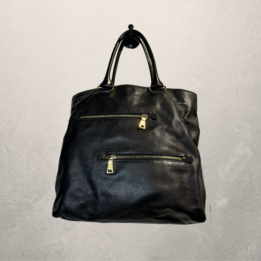 Prada black leather w/ gold hardware tote bag