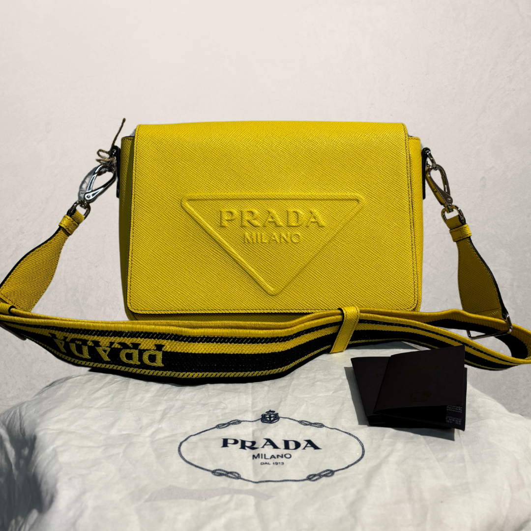 Prada gele driehoekige logo crossbody tas originele stofzak door R Revive Haarlem