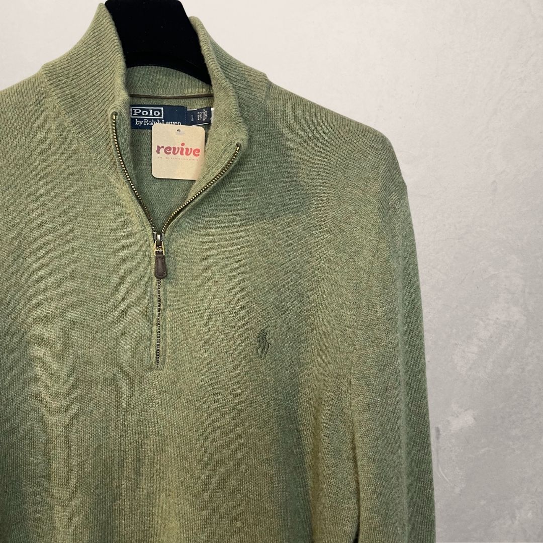 Ralph Lauren groene 100% wollen trui met halve rits L