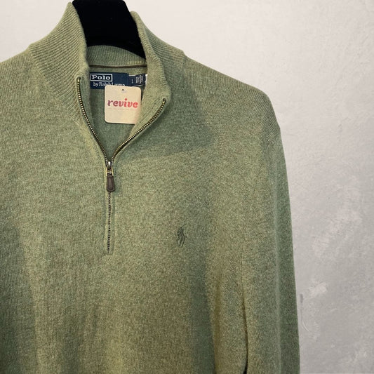 Ralph Lauren groene 100% wollen trui met halve rits L