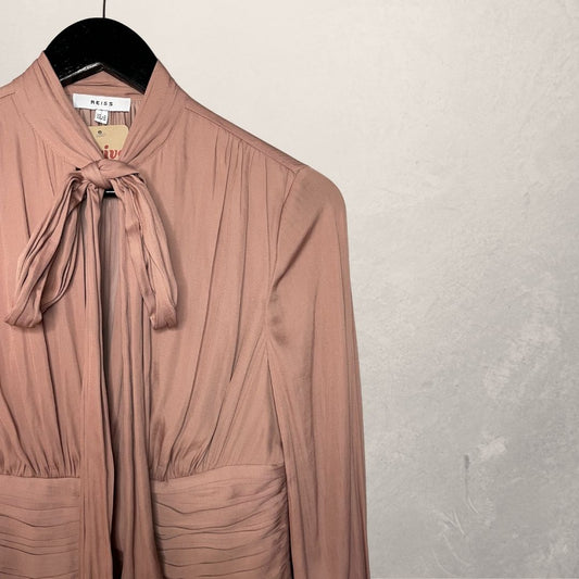 Reiss pink longsleeve fitted ruffle blouse w/ tie XS