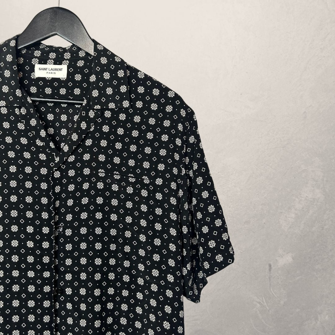 Saint Laurent  black patterned-jacquard 100% silk short-sleeve shirt S