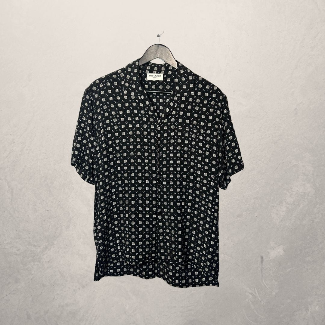 Saint Laurent  black patterned-jacquard 100% silk short-sleeve shirt S