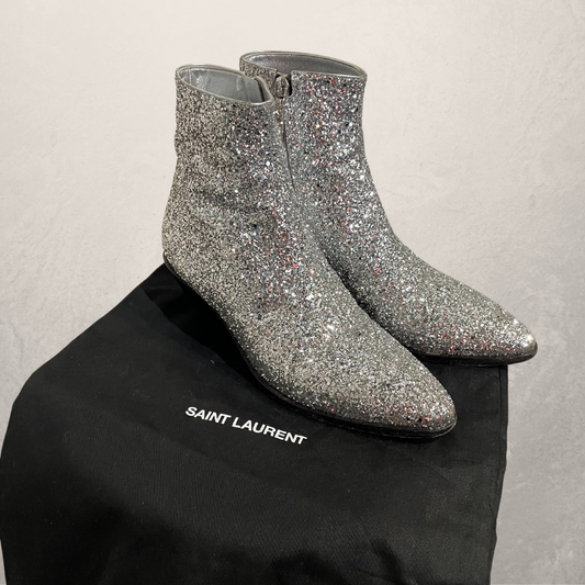 Saint Laurent silver sequin boots 38 1/2