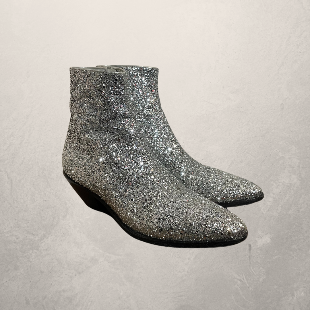 Saint Laurent silver sequin boots 38 1/2