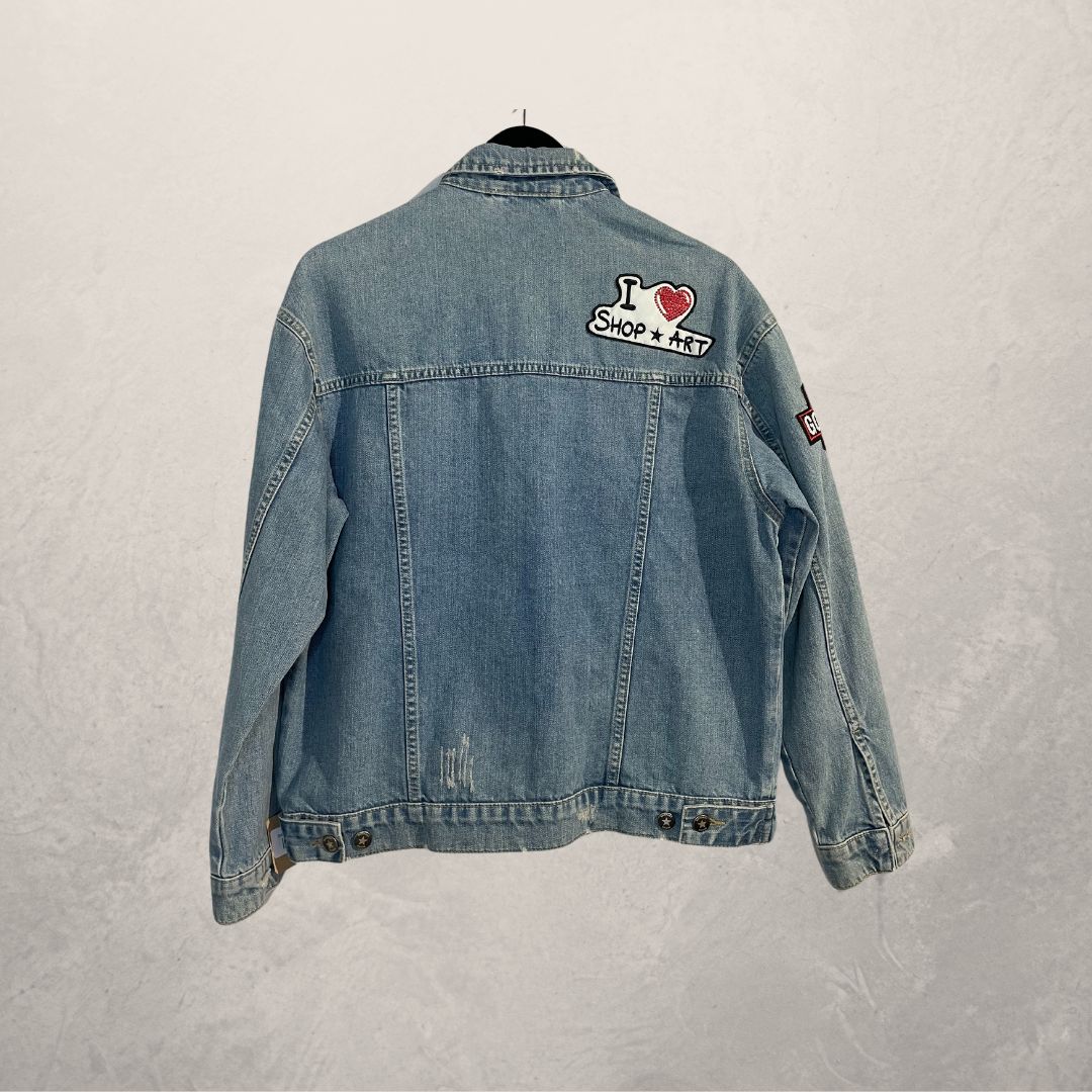 Shop Art mid blue patch denim jacket M/L