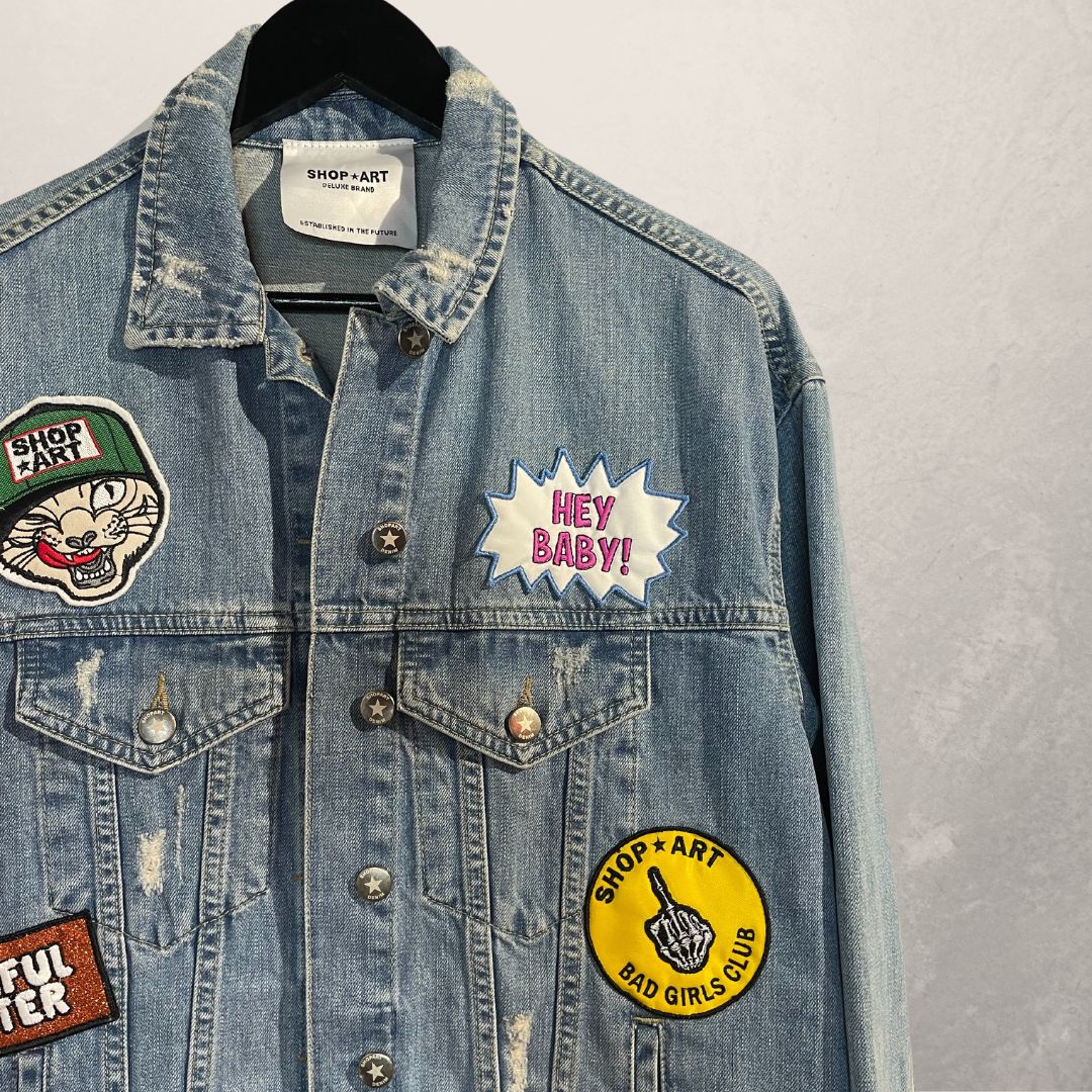 Shop Art mid blue patch denim jacket M/L