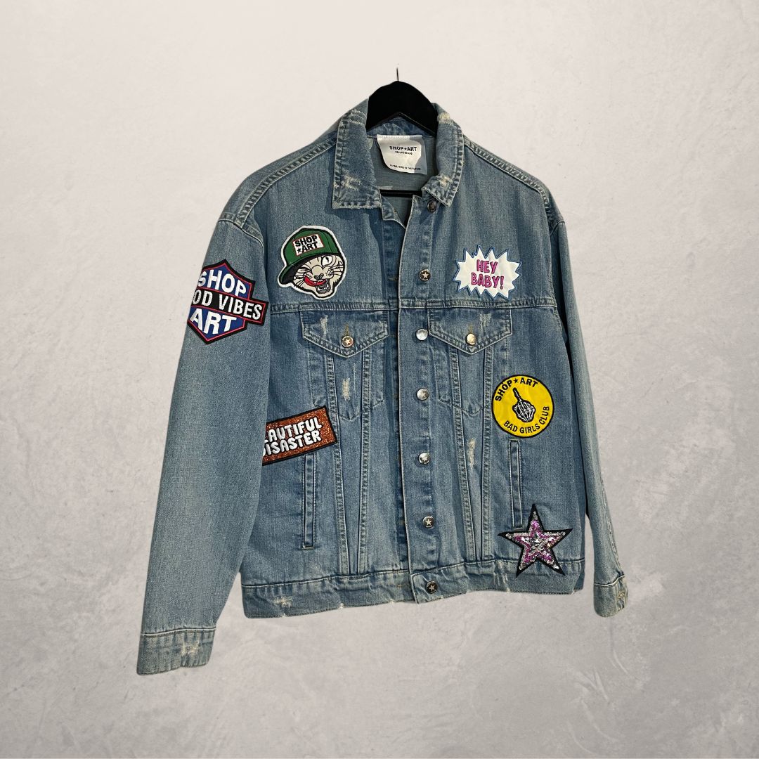 Shop Art mid blue patch denim jacket M/L