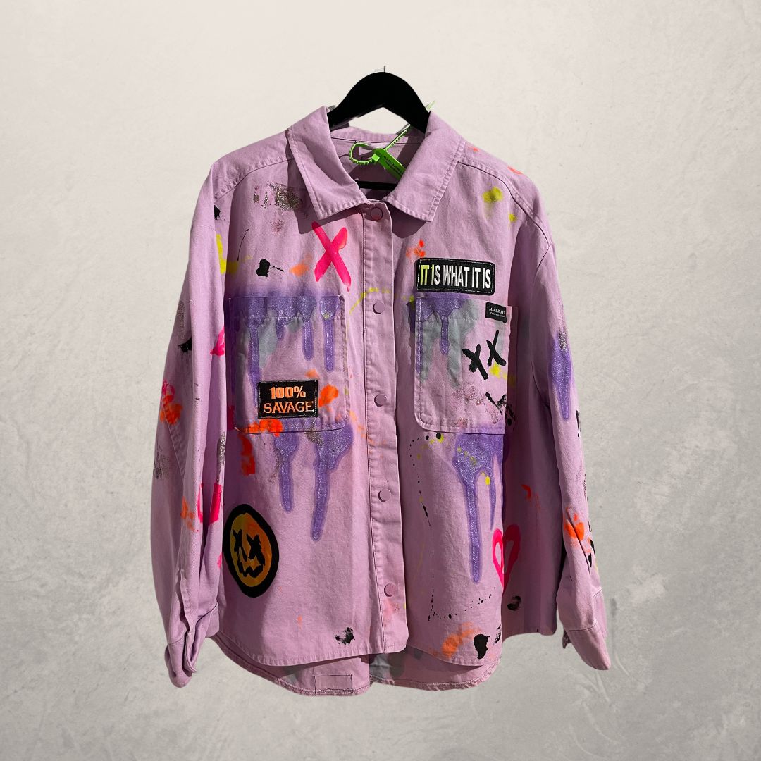 Smiley purple denim jacket M/L- By @M.a.r.r.art