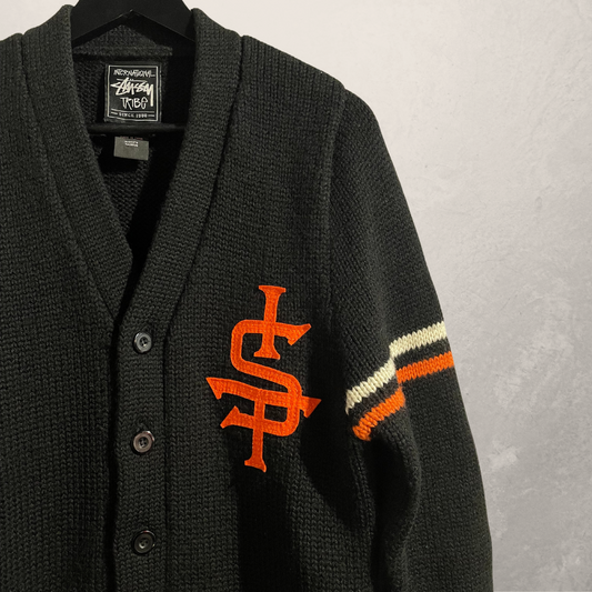 Stussy black orange rare emblem cardigan M