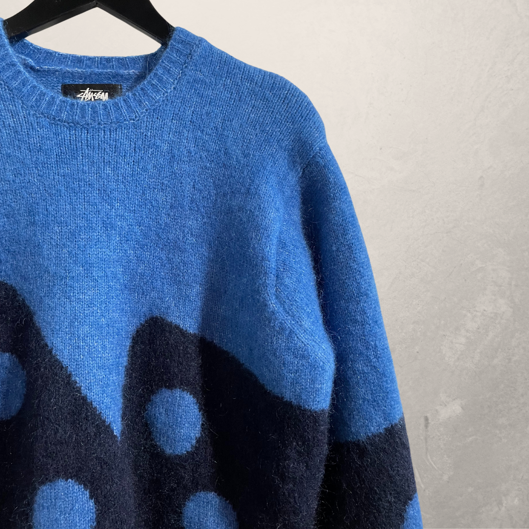 Stussy blauwe fuzzy mohair/wol mix dice trui M