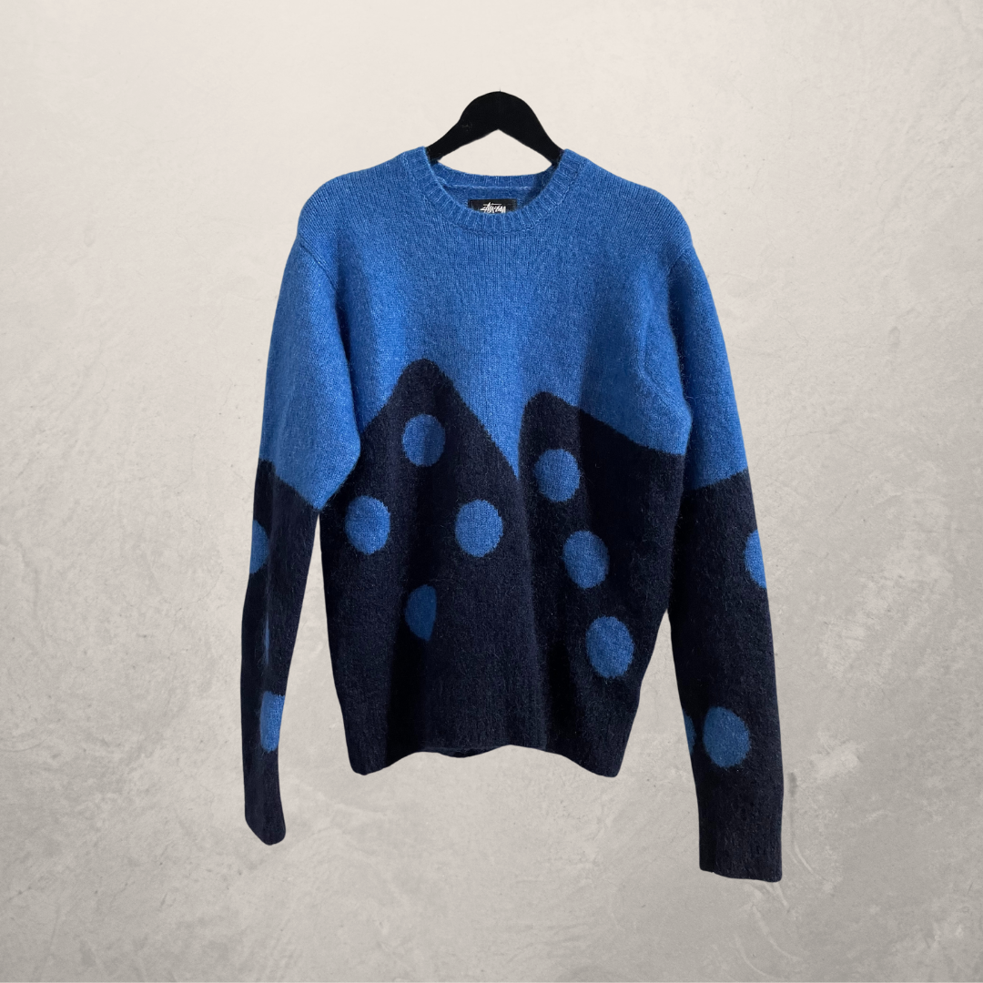 Stussy blauwe fuzzy mohair/wol mix dice trui M