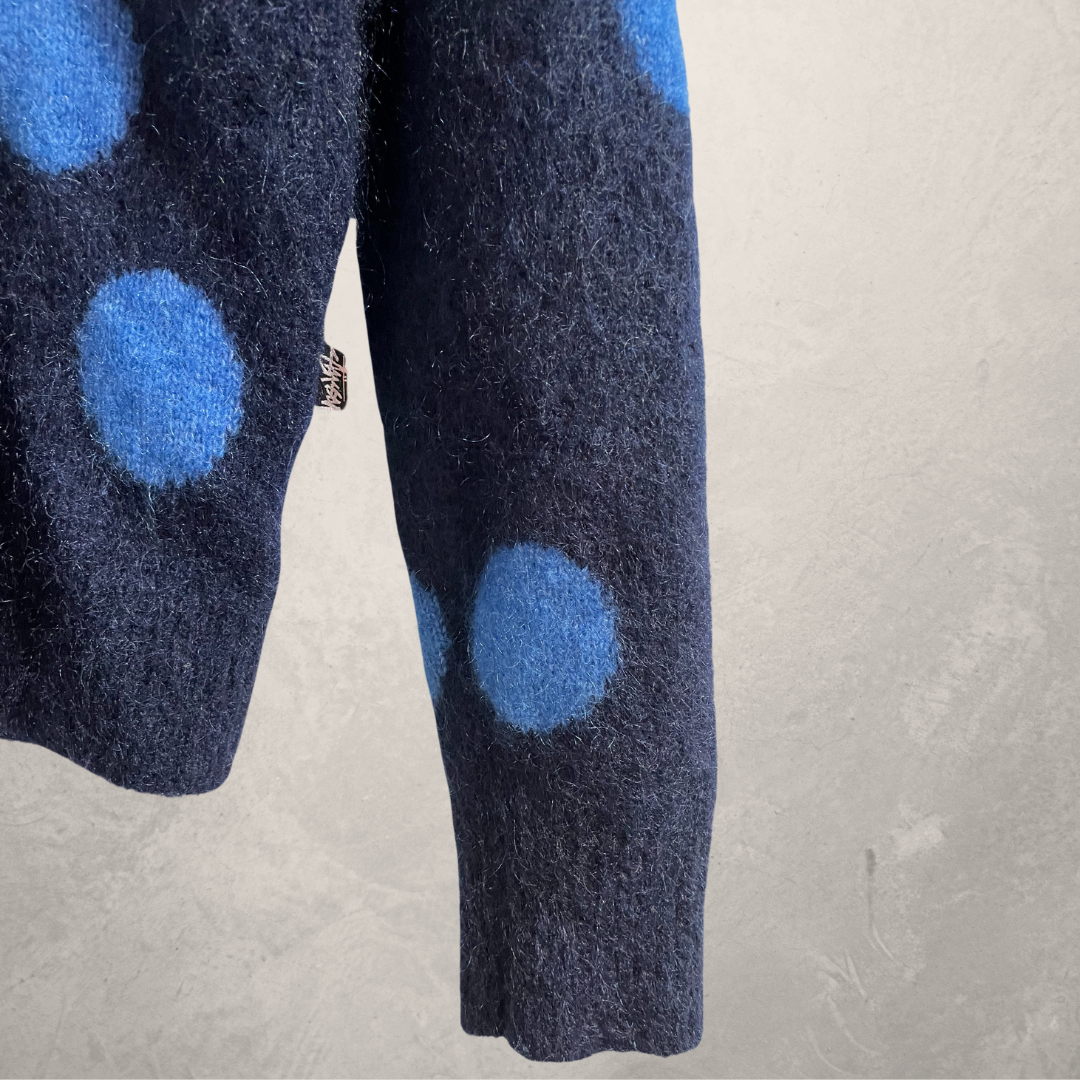 Stussy blauwe fuzzy mohair/wol mix dice trui M