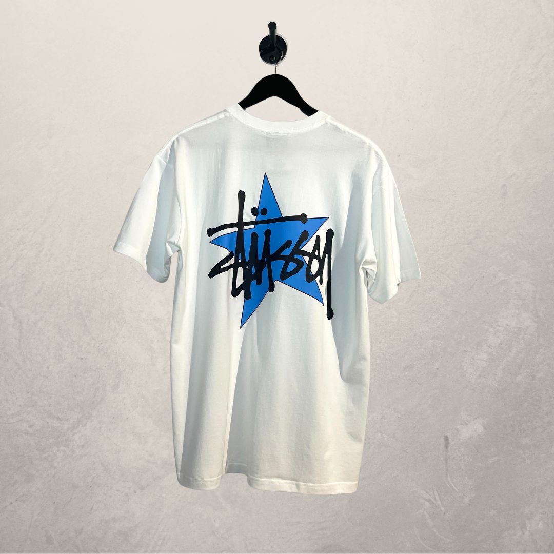 Stussy white graphic blue logo shirt L