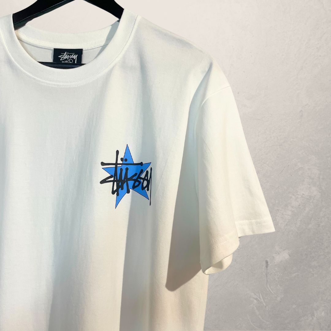 Stussy white graphic blue logo shirt L