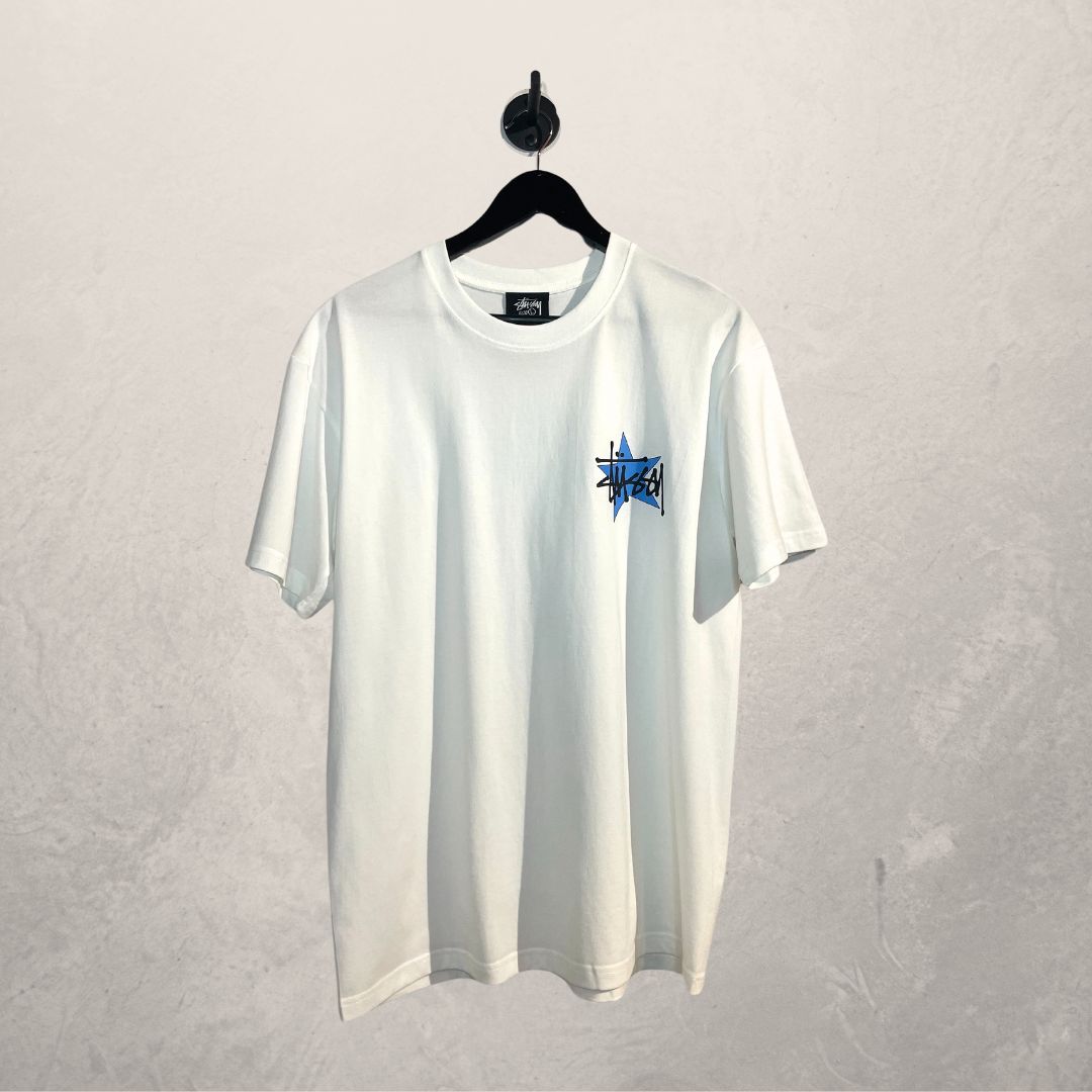 Stussy white graphic blue logo shirt L