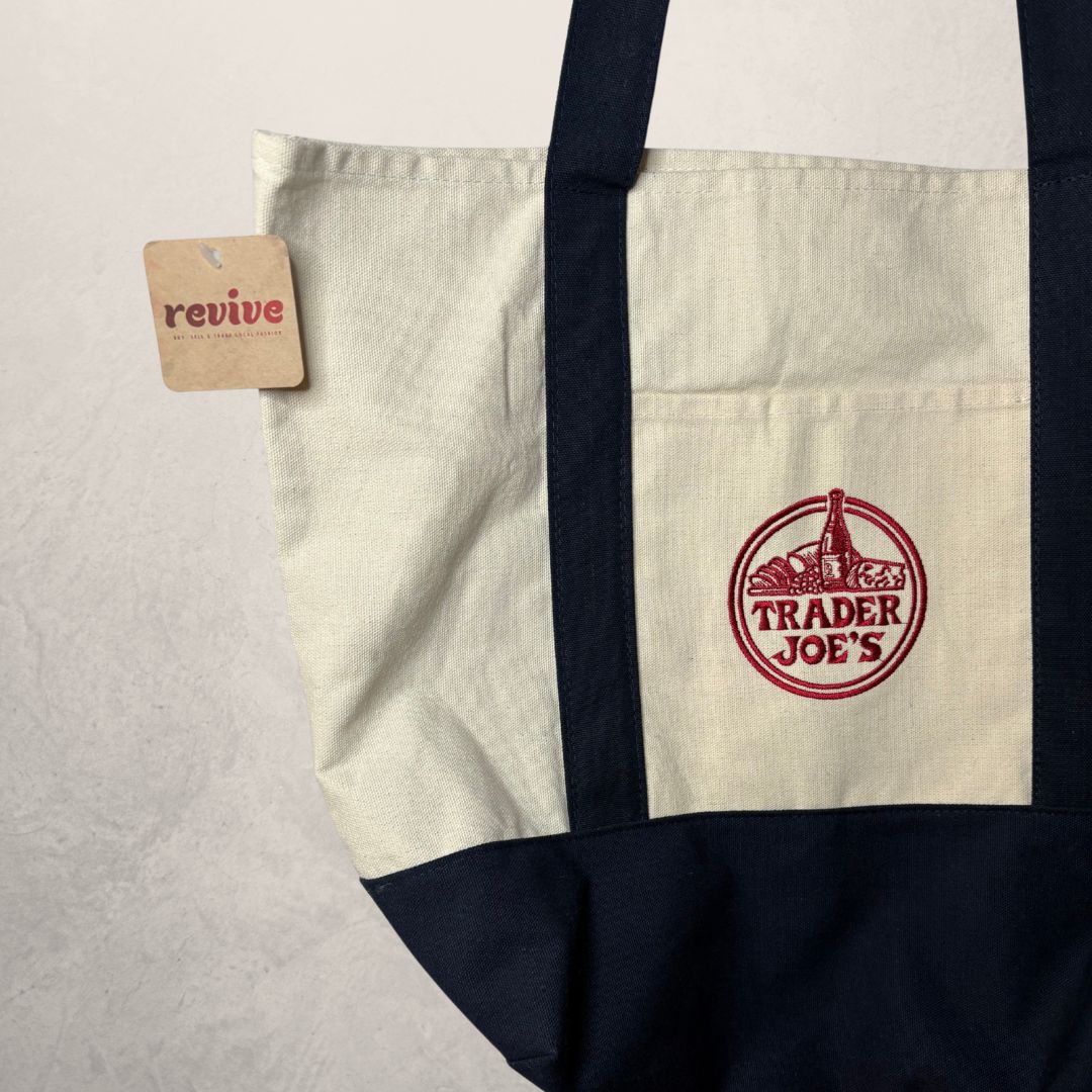 American Trader Joes beige and navy viral tote bag