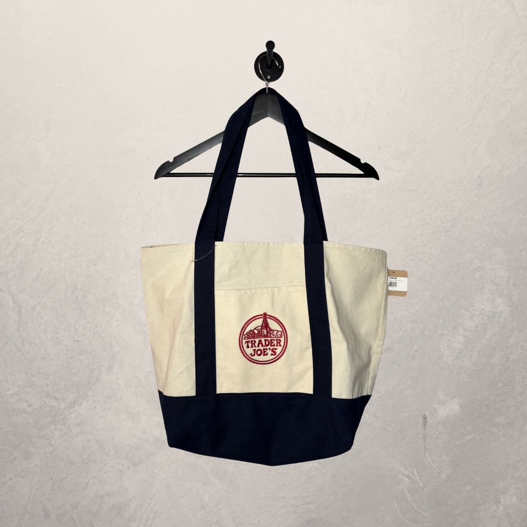 American Trader Joes beige and navy viral tote bag