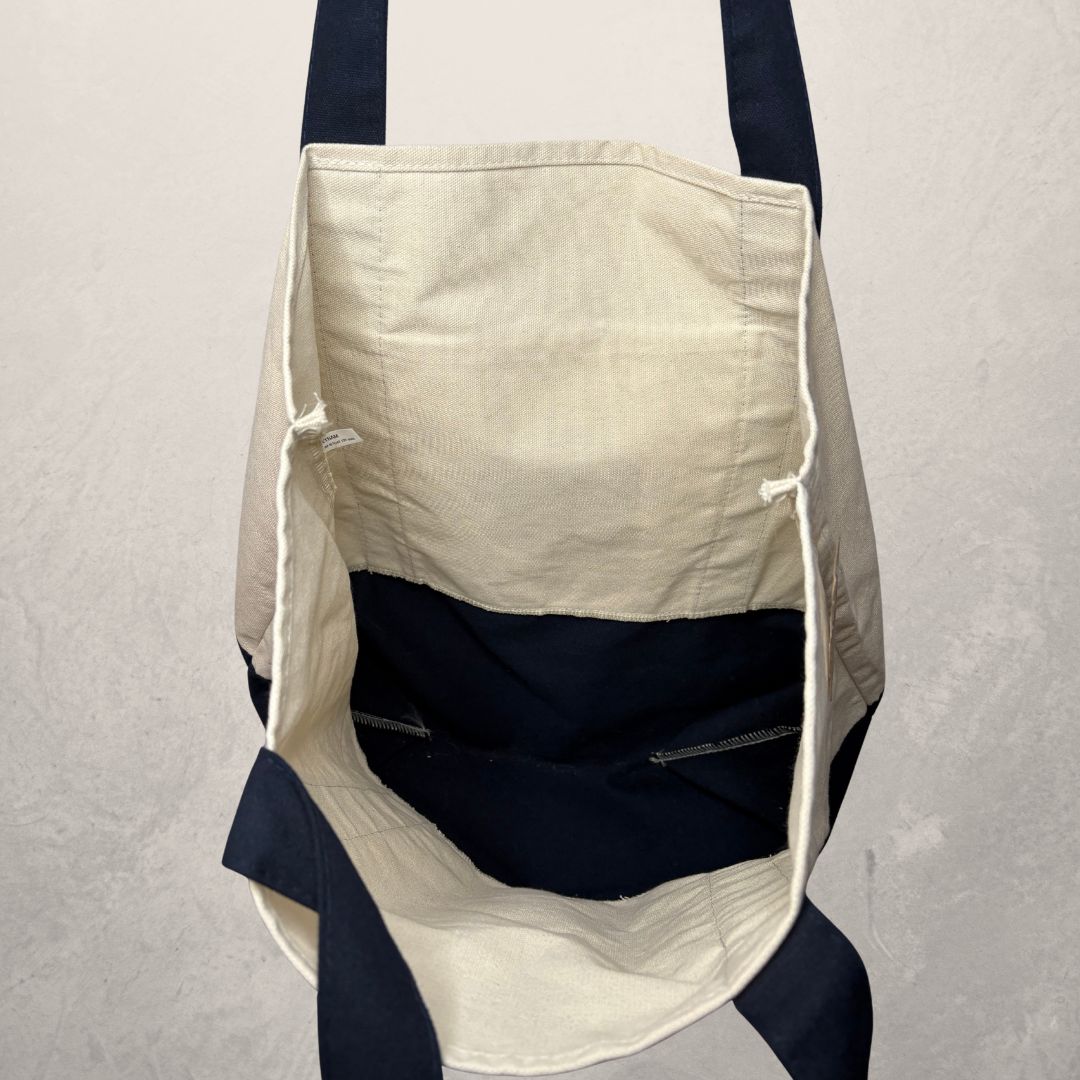 American Trader Joes beige and navy viral tote bag