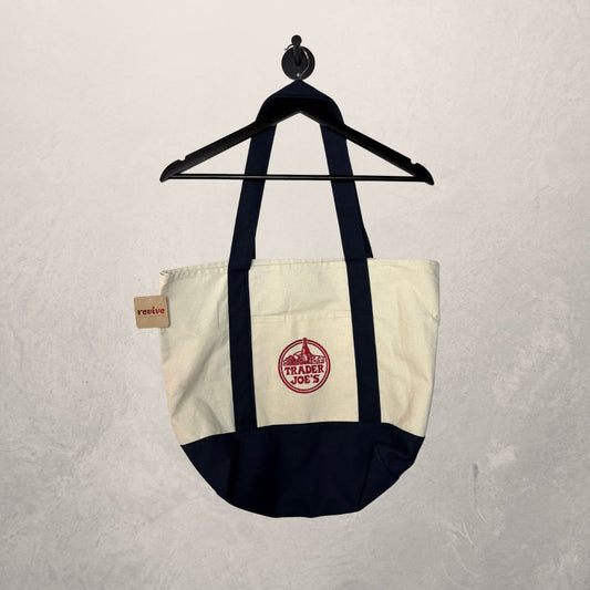 American Trader Joes beige and navy viral tote bag