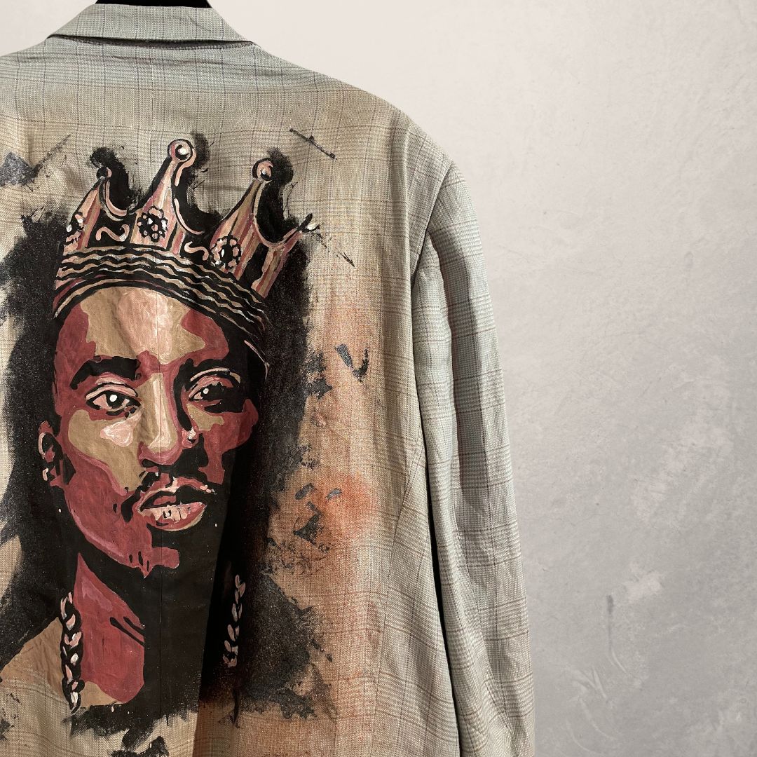 Tupac grey painted blazer jacket M/L- By @M.a.r.r.art