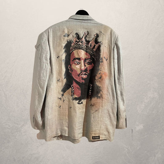 Tupac grey painted blazer jacket M/L- By @M.a.r.r.art