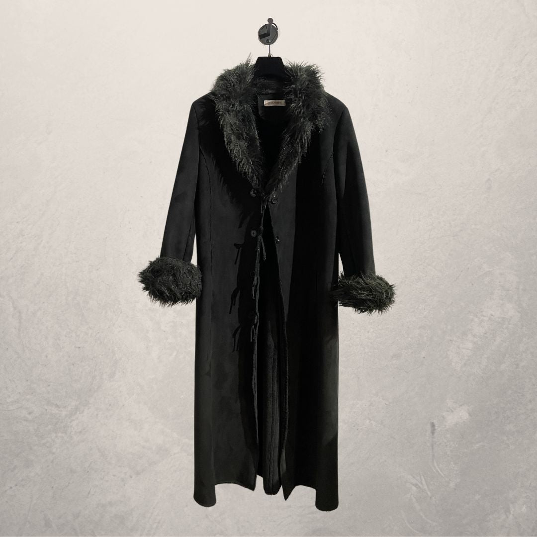 Vintage Balmain black faux fur/suede long coat XL