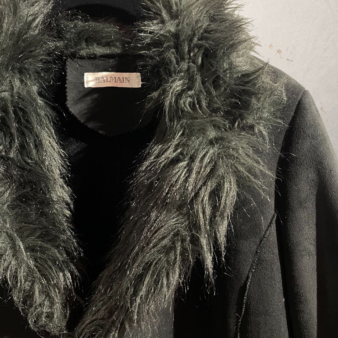 Vintage Balmain black faux fur/suede long coat XL