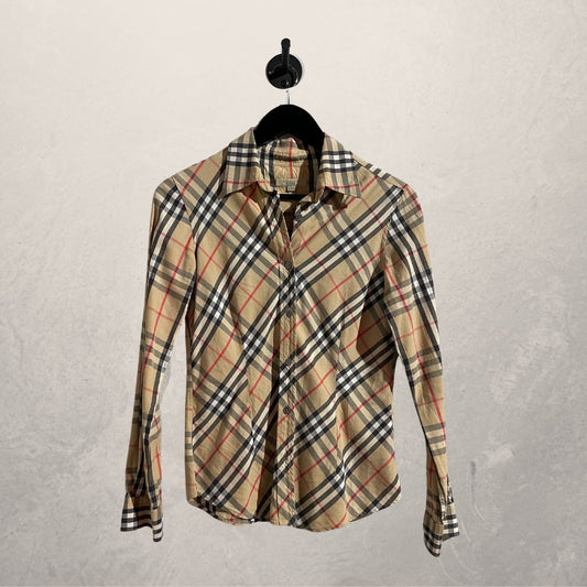 Vintage Burberry beige geruit getailleerd overhemd XS