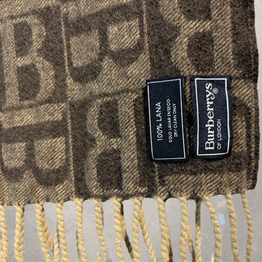 Vintage Burberry bruin logo 100% wollen sjaal 150cm x 26cm