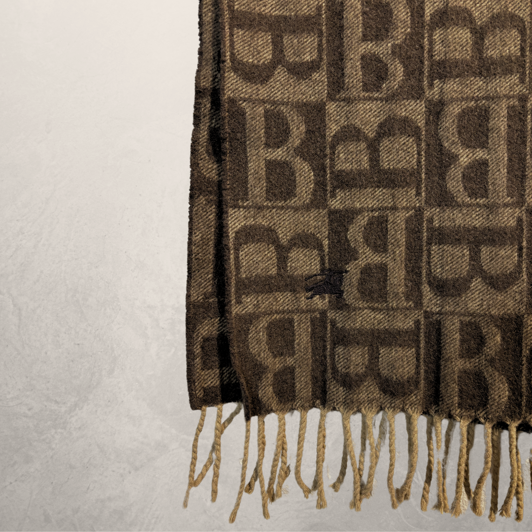 Vintage Burberry bruin logo 100% wollen sjaal 150cm x 26cm
