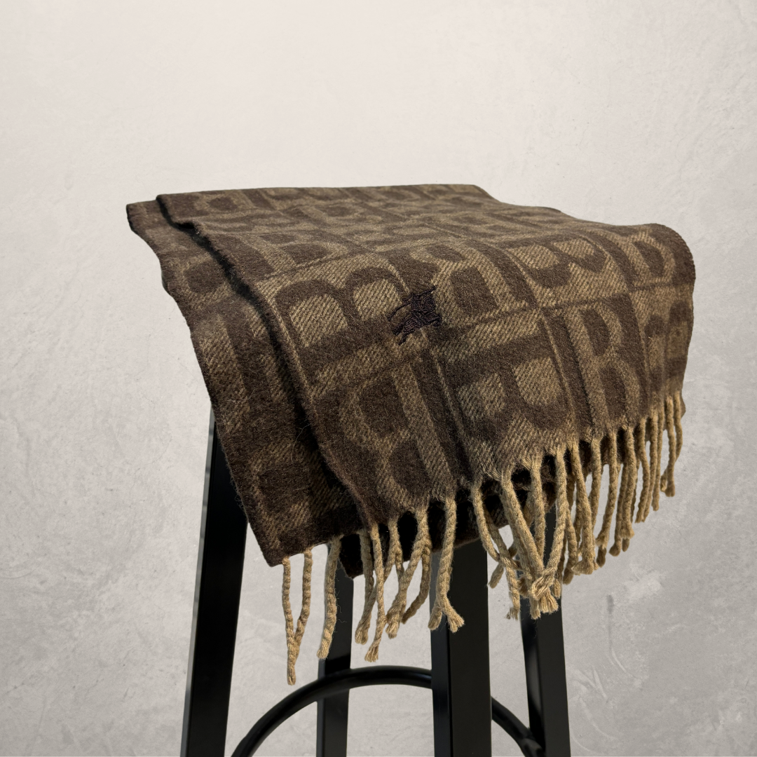 Vintage Burberry bruin logo 100% wollen sjaal 150cm x 26cm