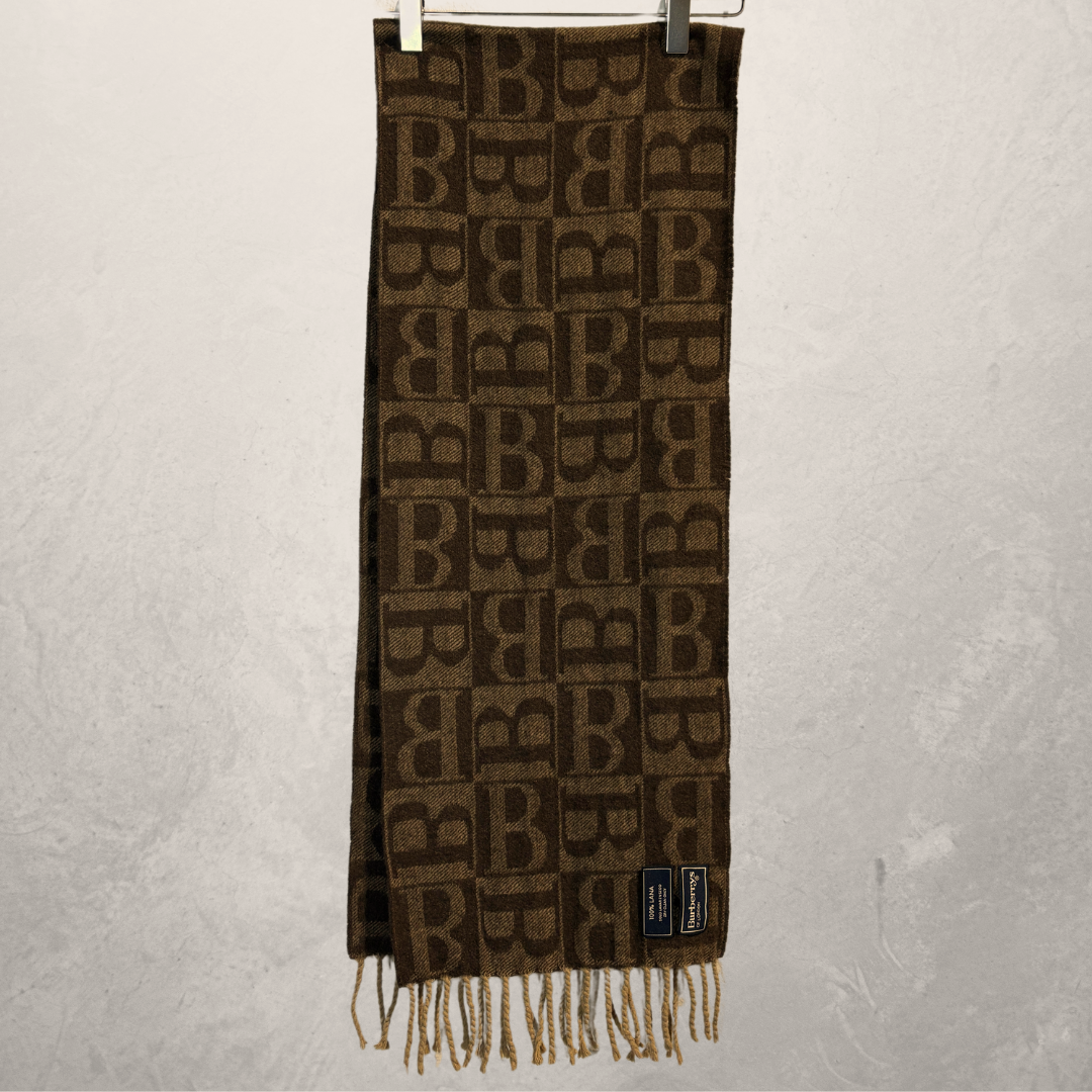 Vintage Burberry bruin logo 100% wollen sjaal 150cm x 26cm