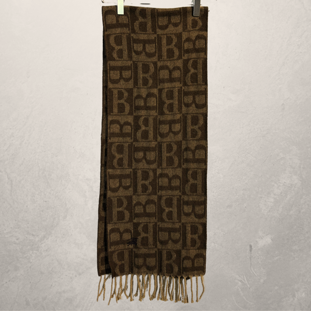 Vintage Burberry bruin logo 100% wollen sjaal 150cm x 26cm