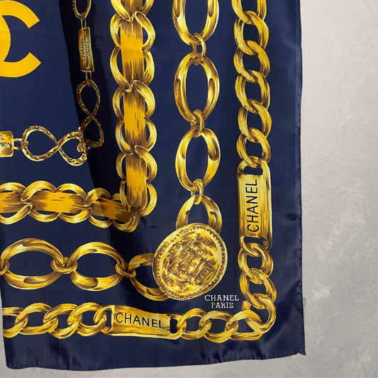 Vintage Chanel navy and gold 100% silk scarf 85cm x 85cm