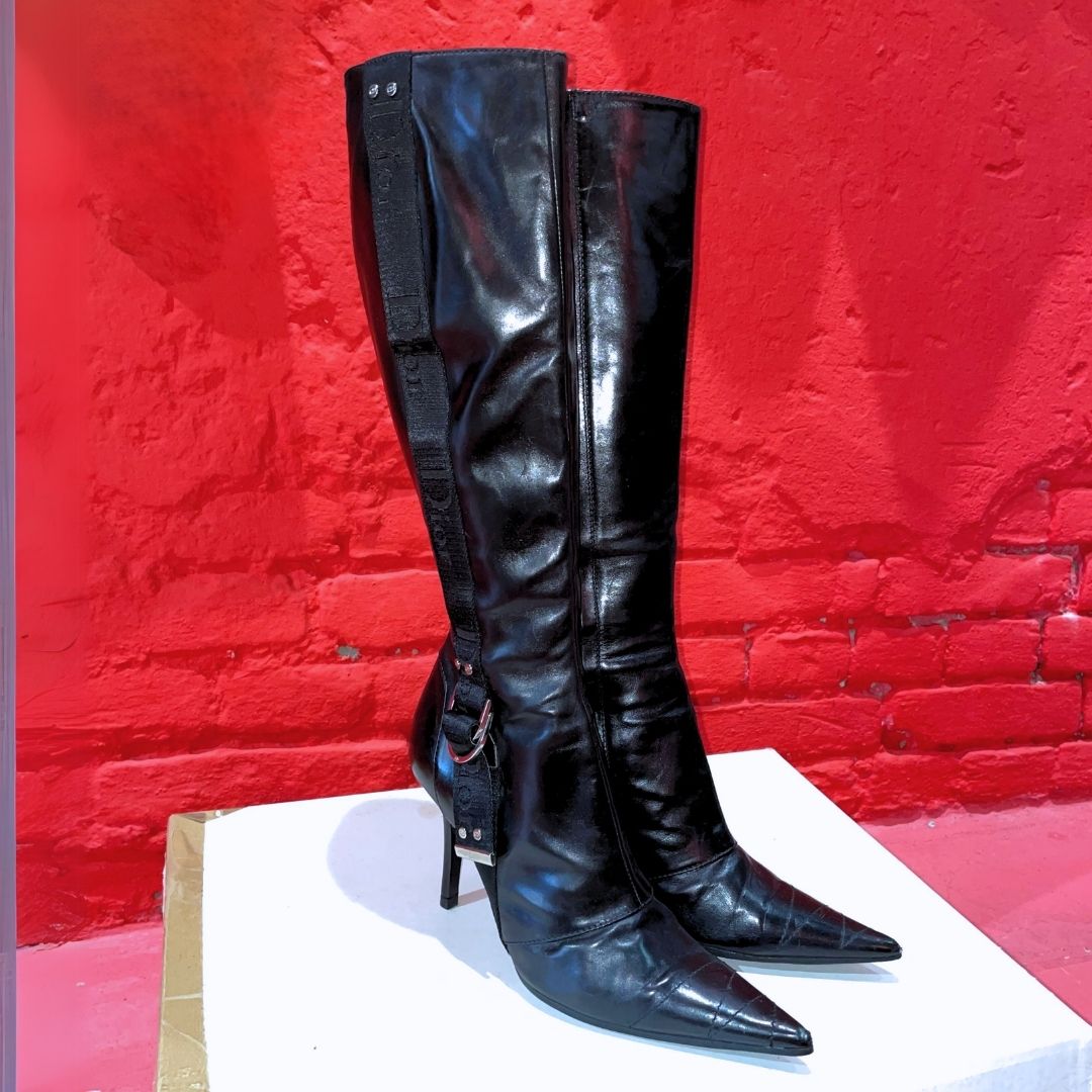 Vintage DIOR 2000's by John Galliano black leather knee high boots 39