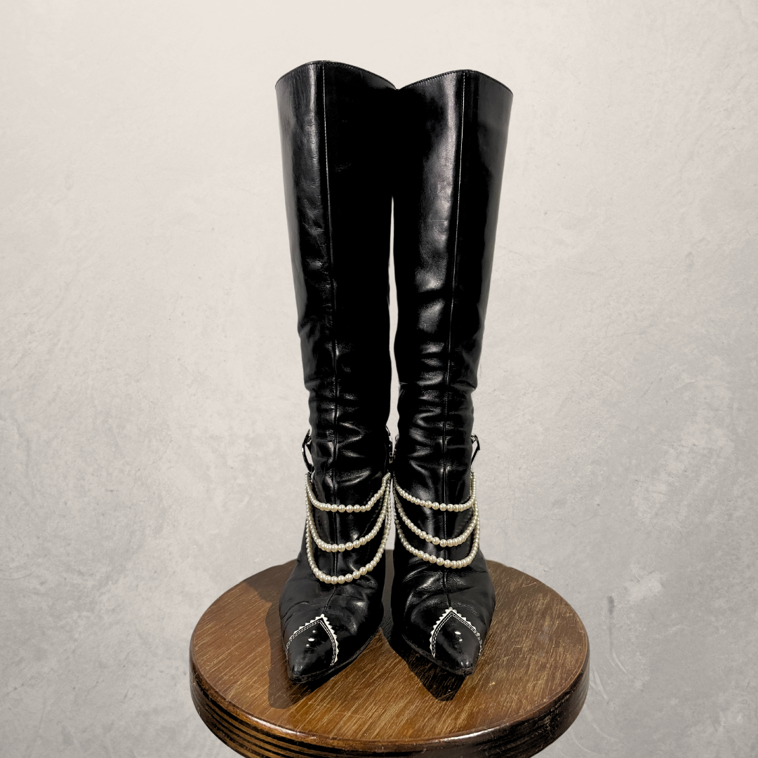 Vintage Dior 2000's zwarte leren laarzen met parels 39,5