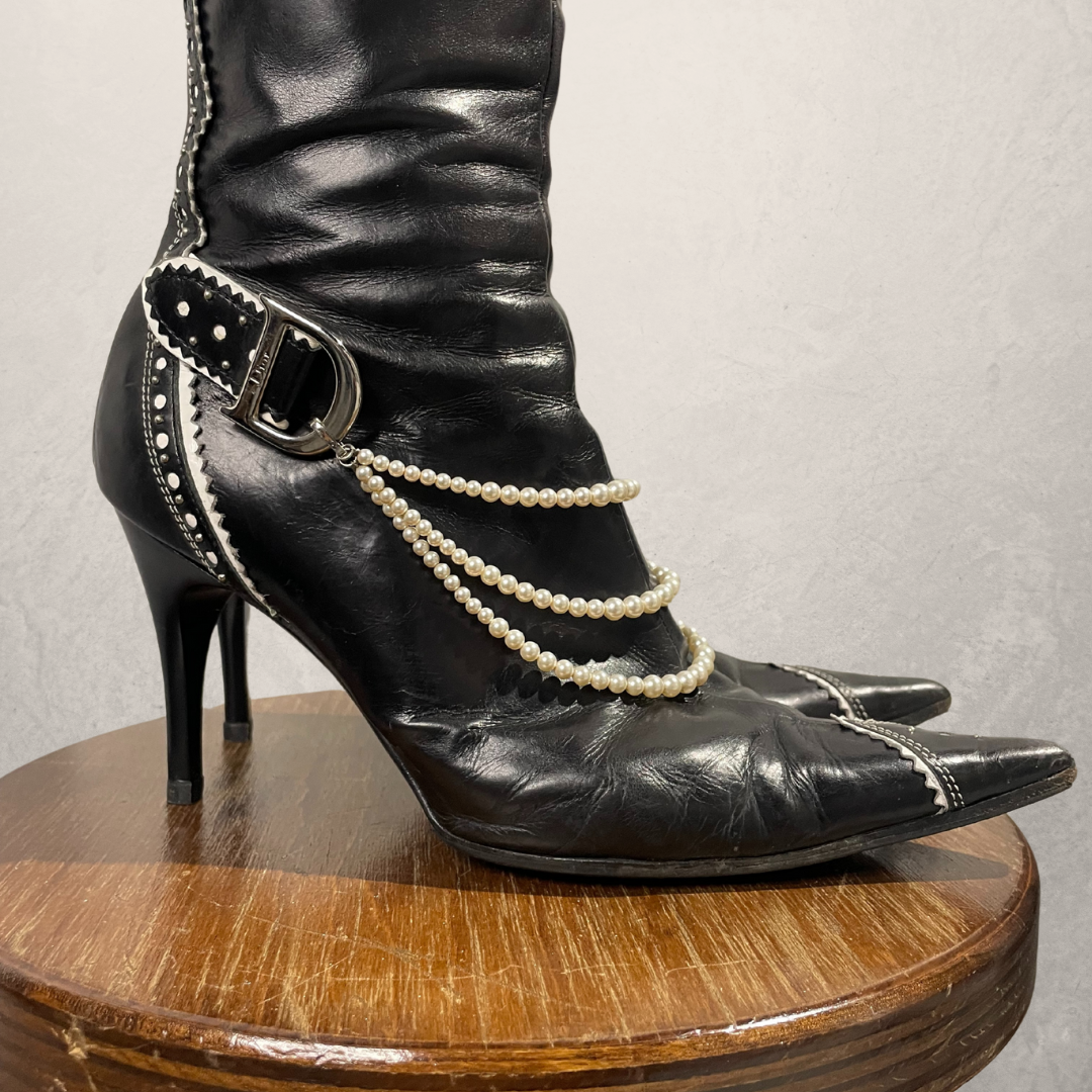 Vintage Dior 2000's zwarte leren laarzen met parels 39,5