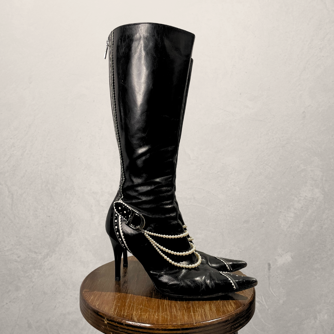 Vintage Dior 2000's zwarte leren laarzen met parels 39,5
