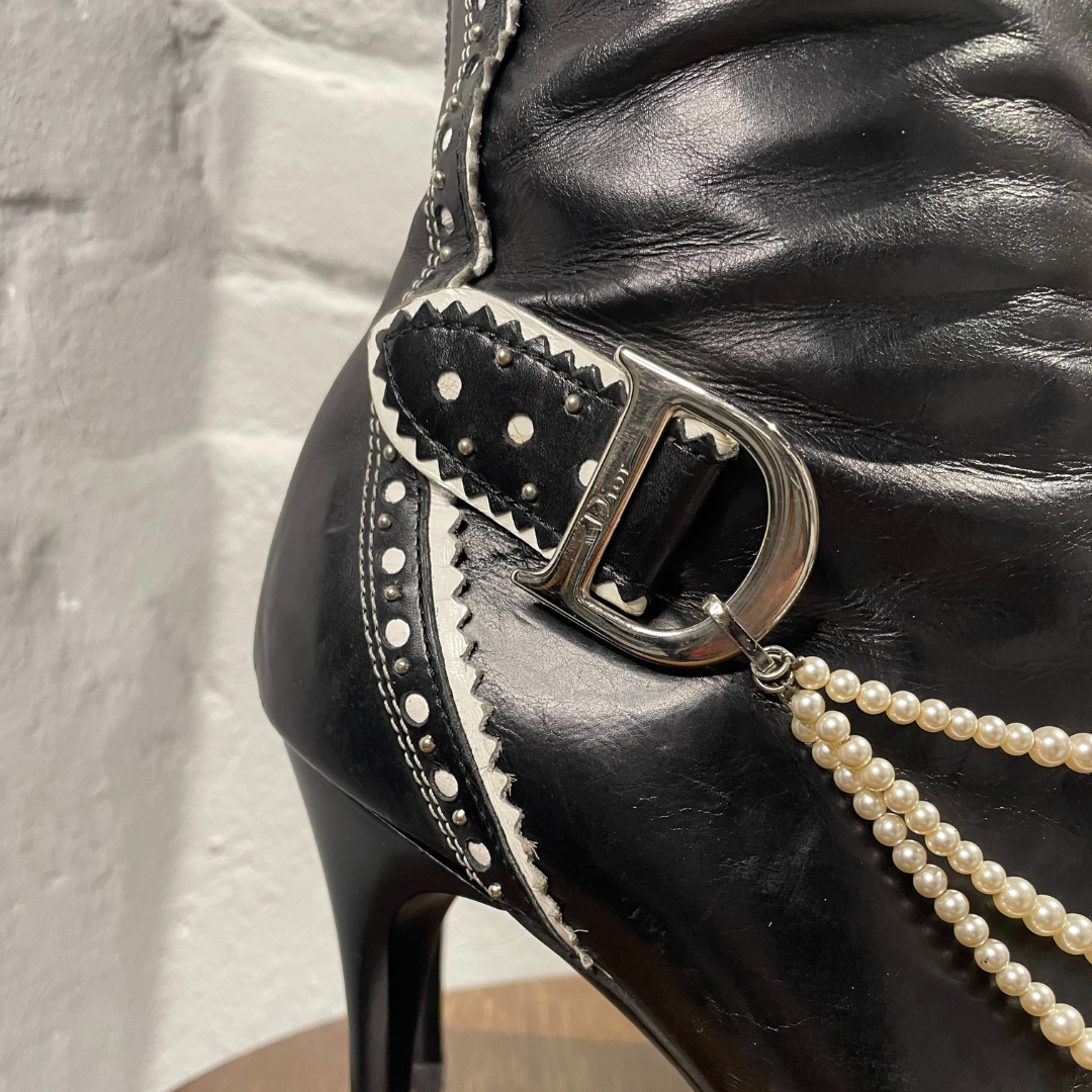 Vintage Dior 2000's zwarte leren laarzen met parels 39,5