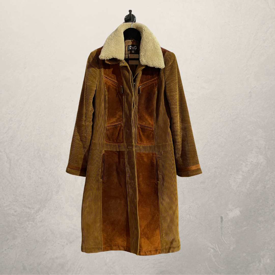 Vintage Dolce & Gabbana beige panel corduroy teddy collar coat M