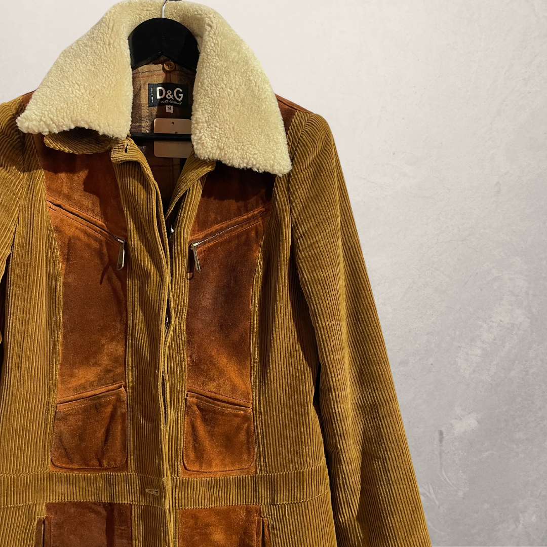 Vintage Dolce & Gabbana beige panel corduroy teddy collar coat M