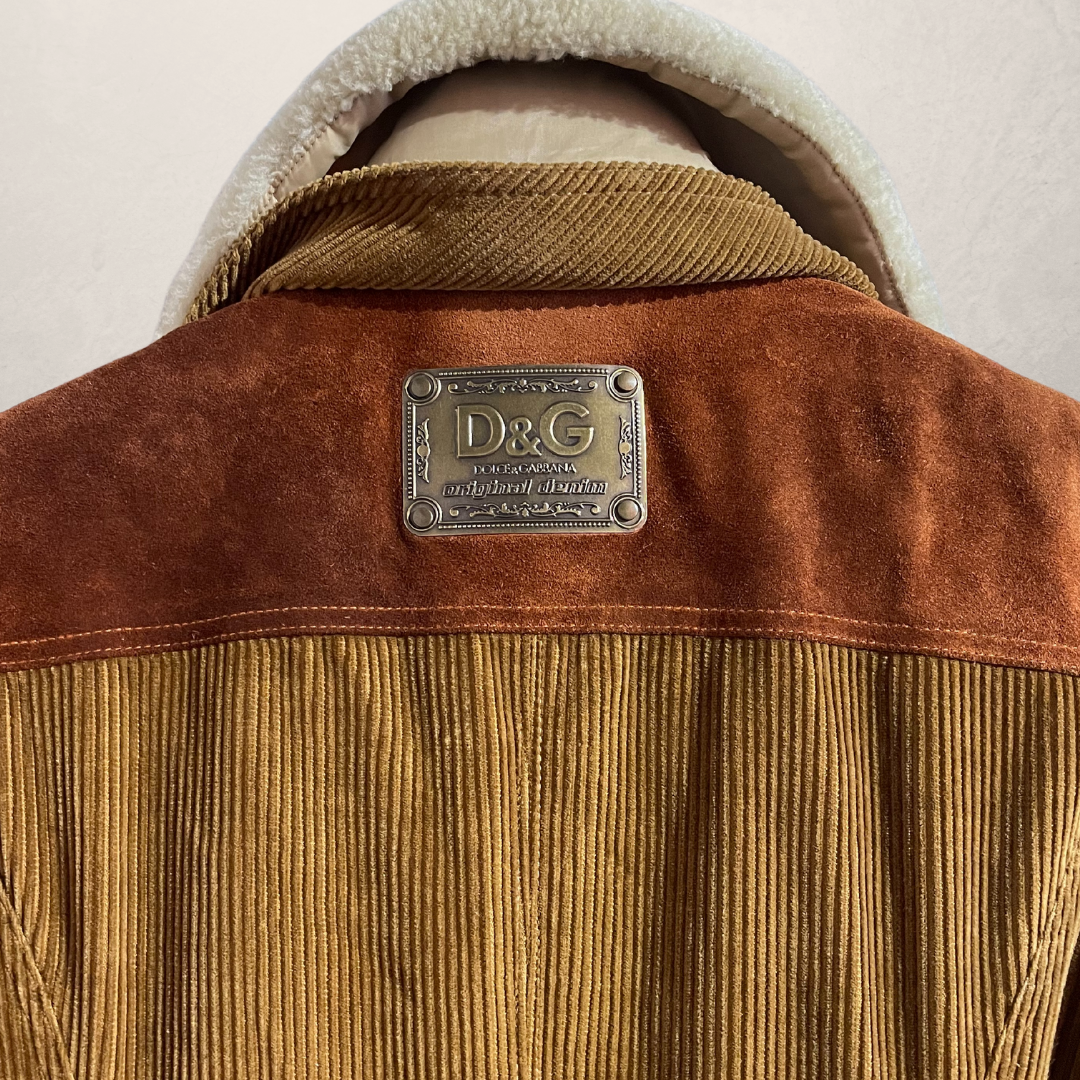 Vintage Dolce & Gabbana beige panel corduroy teddy collar coat M