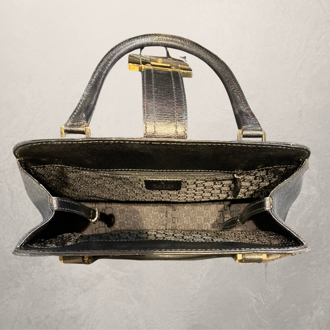 Vintage Gucci Jackie black leather and canvas tote hand bag- With dustbag