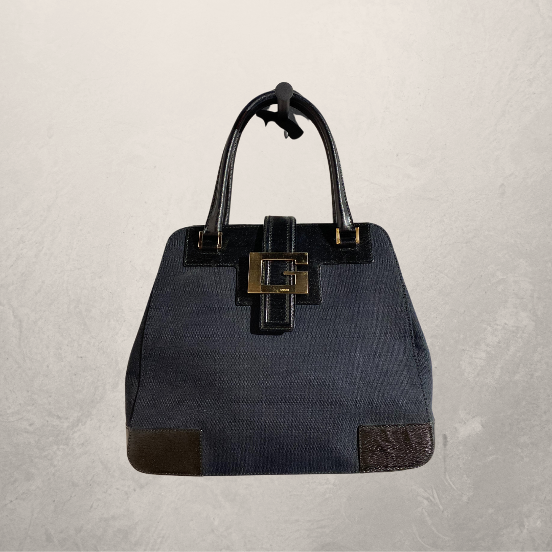 Vintage Gucci Jackie black leather and canvas tote hand bag- With dustbag