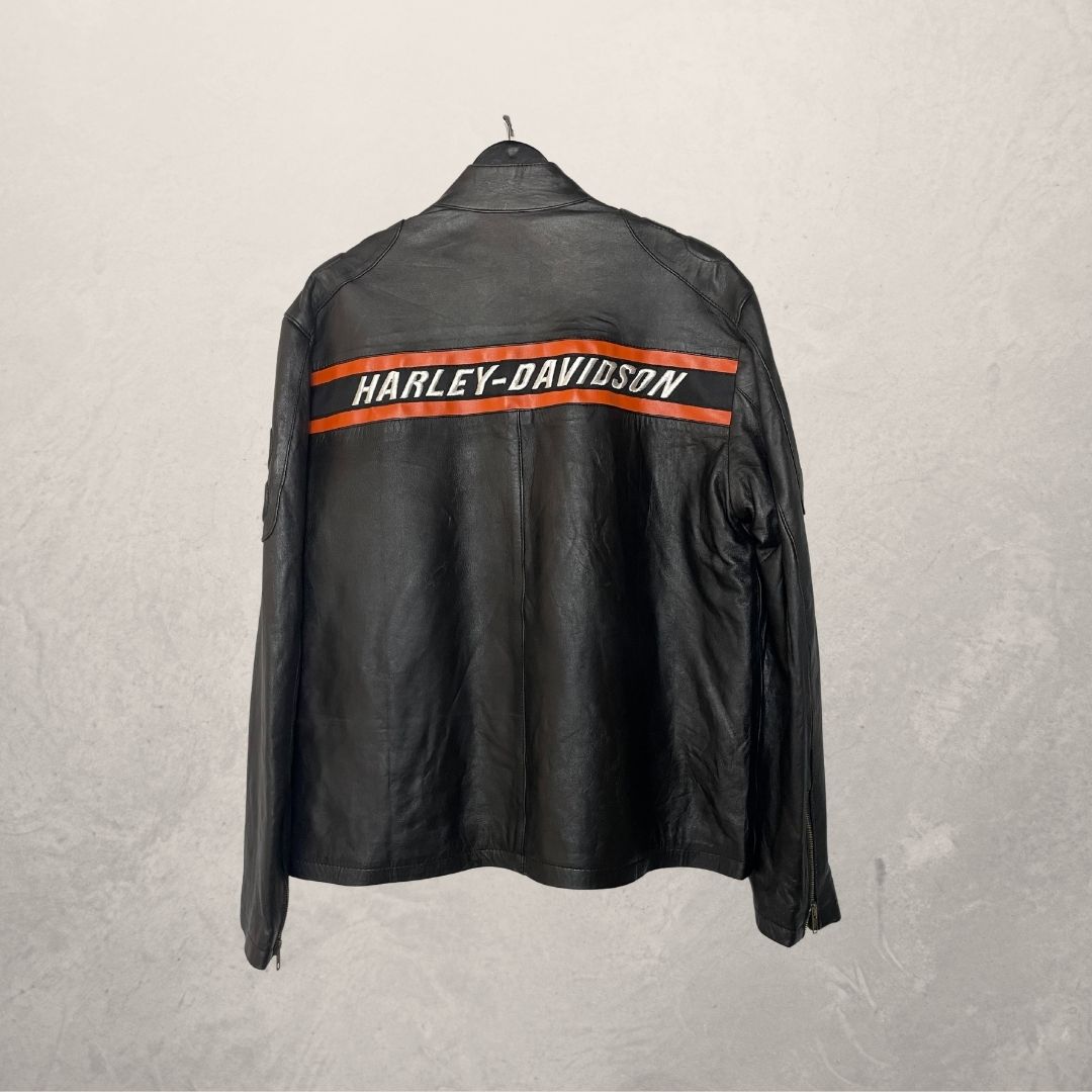 Vintage Harley Davidson black orange logo leather jacket L