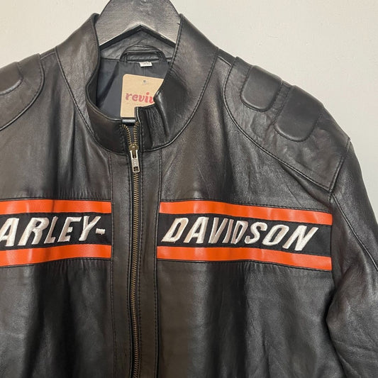 Vintage Harley Davidson black orange logo leather jacket L